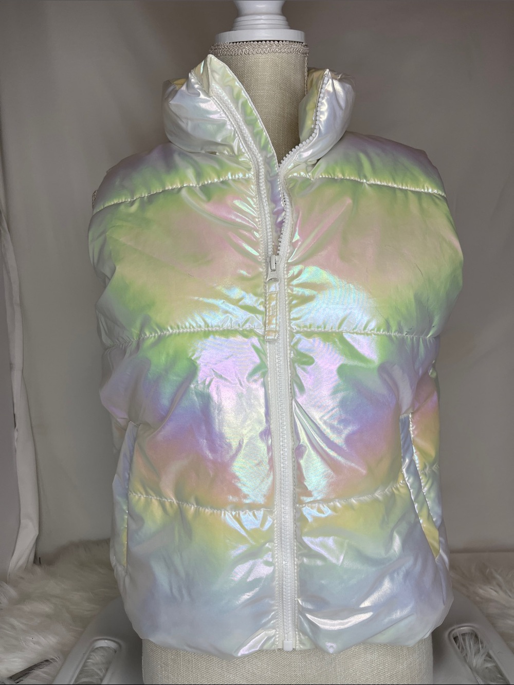 Old Navy Iridescent Puffer Vest - White with Rainbow Hues